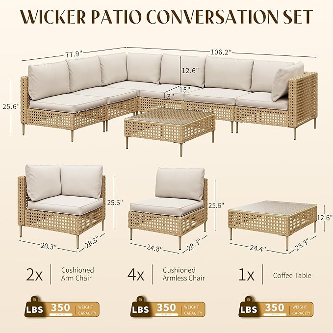 LHBcraft Patio Furniture Set, Large 7 Piece Wicker Outdoor Sectional Furniture Set with Coffee Table, Patio Conversation Sets Sofa, Hand Knitting, All-Weather Cushions for Backyard, Porch, Beige