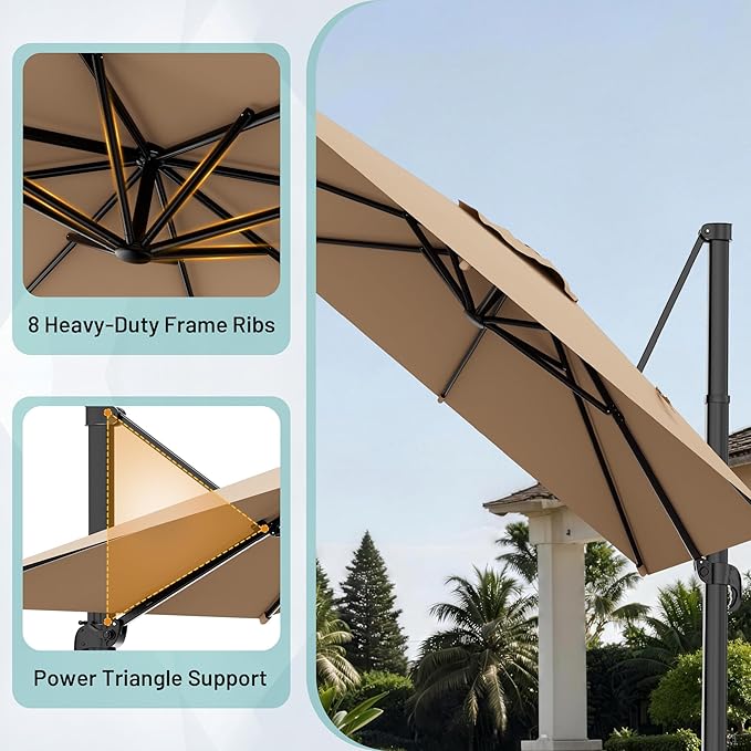 AreShark 9 X 9 FT Cantilever Patio Umbrella, 360-Degree Rotation Square Hanging Offset Umbrella with Crank, Heavy Duty Patio Umbrella for Patio, Pool, Garden, Deck, Beige