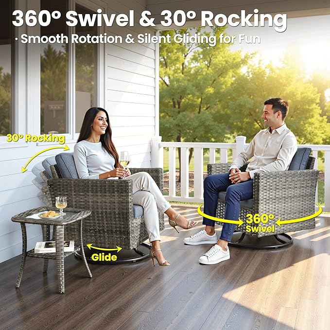 ovios 8 Pieces Patio Furniture Set, Outdoor Wicker Sofa Couch with Swivel Chairs, Rocking Glider Rocker with Comfy Cushions All Weather Rattan Conversation Set, Denim Blue