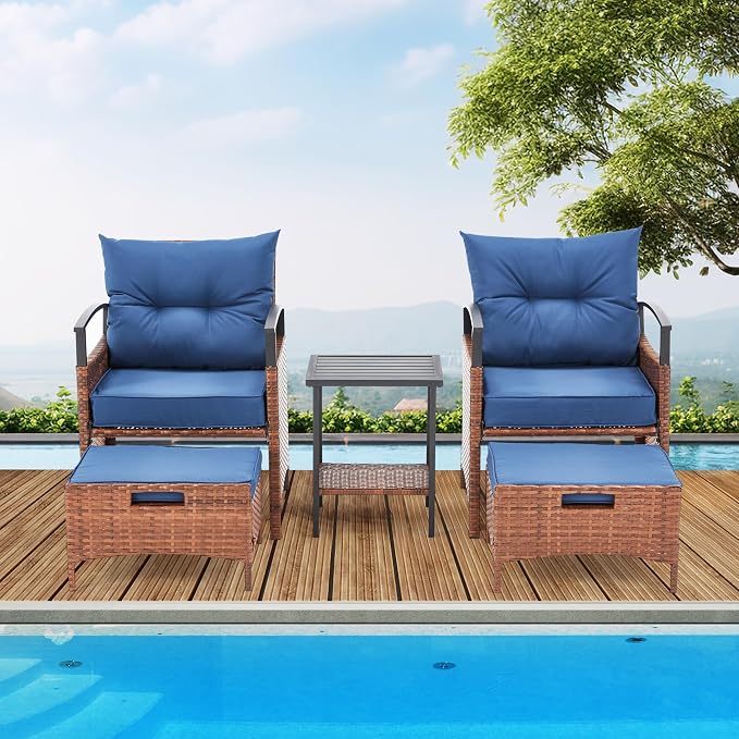 ECOTOUGE 5 Pieces Patio Furniture Set, Outdoor Wicker Chairs with Pull Out Ottoman & Metal Coffee Table, Rattan Conversation Set for Garden, Deck, Balcony, Poolside(Blue)
