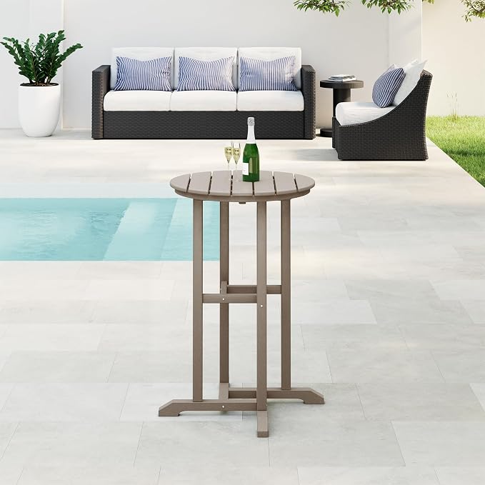 Costaelm Outdoor Bar Table, 37" Counter Height Round Patio Cocktail Bar Table, Patio Bar Table Bistro Dining Table Pub Table for Front Porch Deck, Backyard, Garden, Weathered Wood