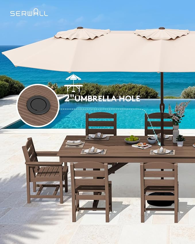SERWALL 9 Piece Outdoor Dining Set, 84" HDPE Outdoor Table with 6 Armless Chairs and 2 Armchairs ，All Weather Patio Dining Furniture Set with Umbrella Hole for Backyard, Garden, Brown