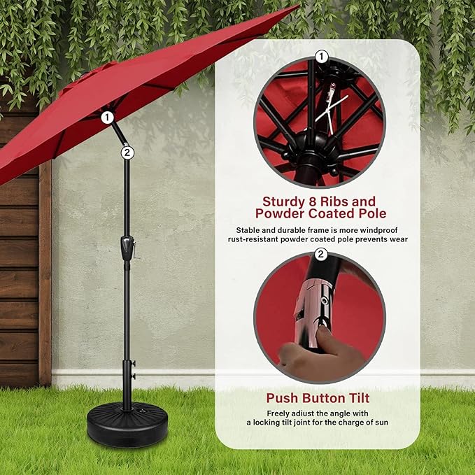 YSSOA 9' Patio Umbrella with 50lbs 20" Capacity Fillable Heavy Duty Round Base, 8 Sturdy Ribs, for Outdoor Lawn, Deck, Poolside, Red and Black