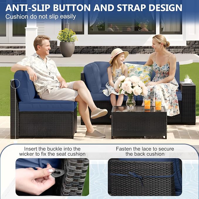 JOYURE 6 Pieces Patio Furniture Set, Outdoor Sofa with Waterproof Cushions, Rattan L Shaped Patio Couch & Coffee Table, Modern Outdoor Furniture for Backyard, Deck, Balcony – Navy