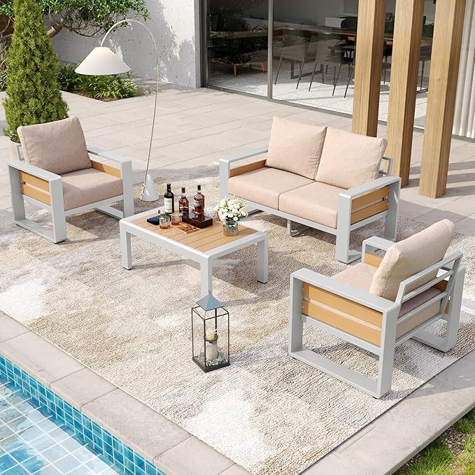 Aoxun Aluminum Patio Furniture Set, 4 Piece Luxury Outdoor Sectional with 6" Olefin Fabric Cushions, Patio Conversation Sets with Coffee Table and Waterproof Cover for Backyard, Porch Beige