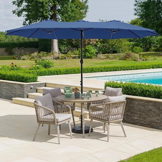 HERA'S PALACE Umbrella Patio Outdoor with Base 15ft Table Double Market Rectangle Umbrellas Clearance Large Included Stand for Deck Outside Pool Picnic Inground Yard Commercial, Haze Blue