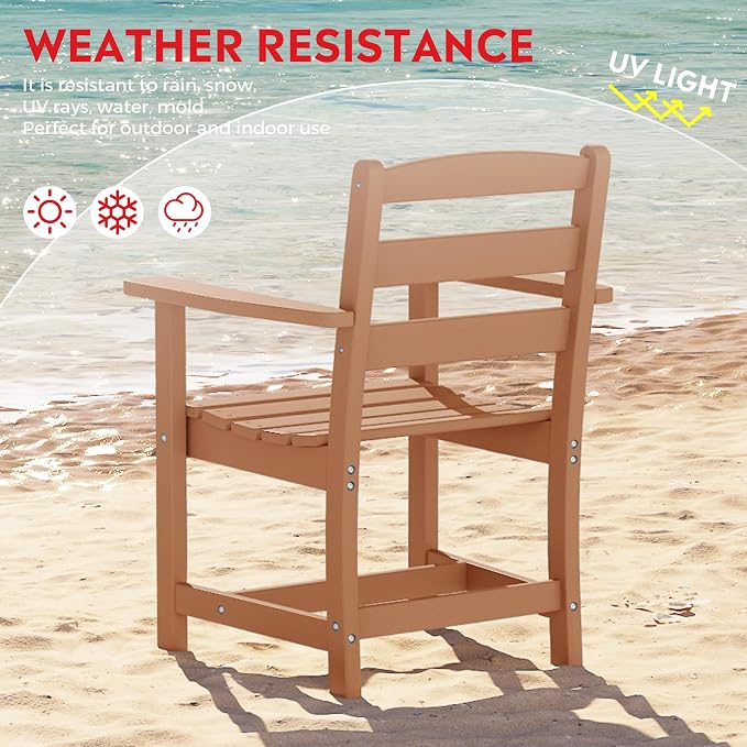 Costaelm Garden Dining Chair, Outdoor Patio Adirondack Chair with Arm, HDPE Poly Lumber, Waterproof Restaurant Bistro Dining Chair for Outside Porch Backyard, Teak