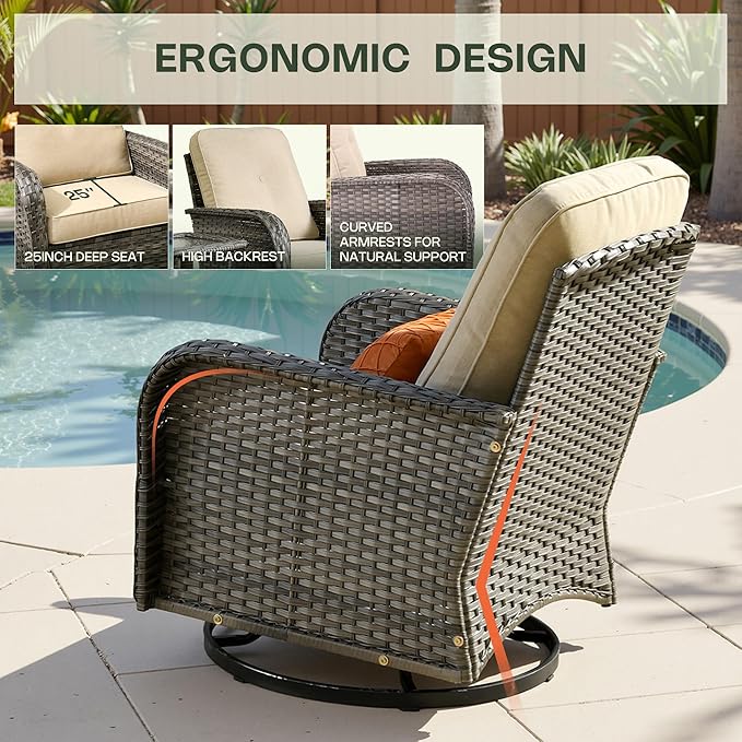 3-Piece Patio Furniture Set, Outdoor Wicker Furniture with Coffee Table, High Back Swivel Rocker Patio Chairs, Modern Rattan Outdoor Chairs Conversation Set for Porch, Balcony, Garden, Beige