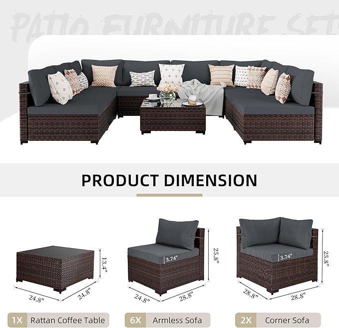 UPHA 9 Pieces Patio Furniture Sets, Wicker Outdoor Sectional Sofa Couch with Coffee Table, Patio Conversation Set for Deck Backyard Garden, Brown Rattan, Dark Gray Cushion