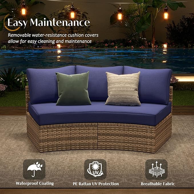 PaPaJet Patio Conversation Set, 3 Piece Half-Moon Sectional Round Patio Furniture Set, Wicker Sofa Set, for Backyard Patio Garden, Blue