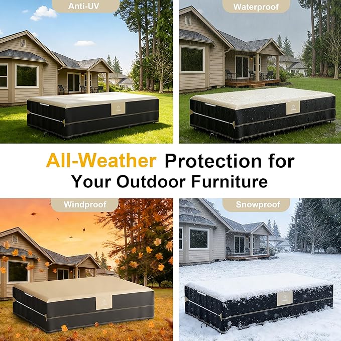 Heavy Duty Waterproof Outdoor Patio Furniture Covers - All Weather Protection for Sectional Sofa, Dining Table & Chair Set, Protector Cover (Beige & Black, Rectangular-90" L x 64" W x 28"H)