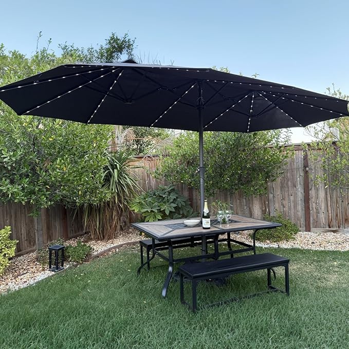 PURPLE LEAF 14ft Patio Umbrella with Solar Lights Outdoor Double-Sided Market Umbrella with Base Included Rectangle Table Umbrella for Pool Garden Backyard, Navy blue