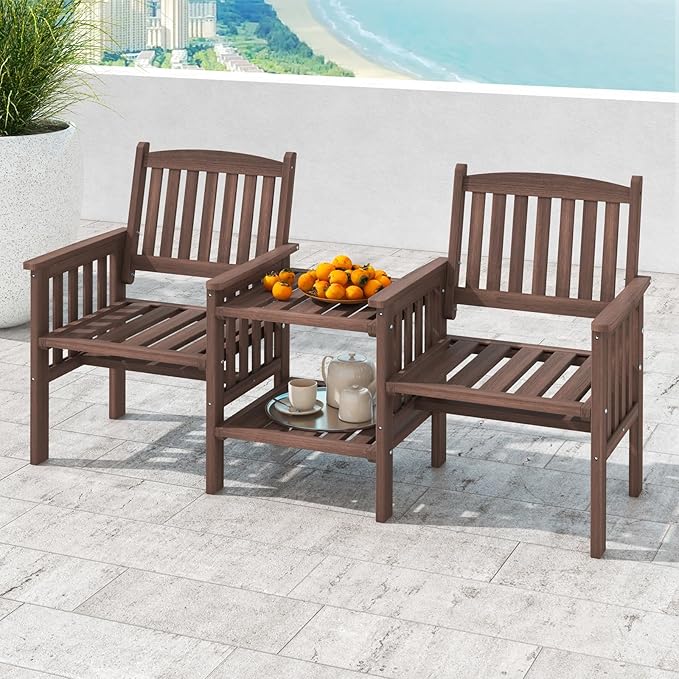 Tangkula Outdoor Fir Wood Loveseat with 2-Tier Side Table and Umbrella Hole, 2-Seater Patio Garden Bench with Armrests and Slatted Seats, Outdoor Table and Chairs Set for Porch and Balcony