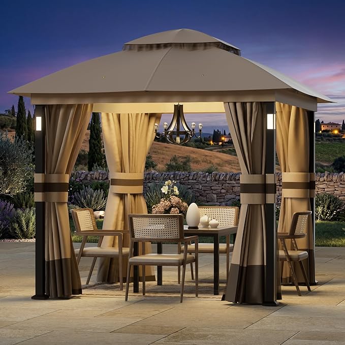 Covered Outdoor Patio Gazebo 8'x8' with LED Lights & Bluetooth Speaker, Heavy Duty Outdoor Canopy Shelter with Metal Frame, Double Roofs, Soft Top Gazebo with Netting and Curtains, Khaki