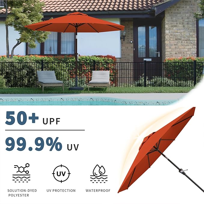 10FT Patio Umbrella, Outdoor Umbrella with Push Button Tilt and Crank, 8 Sturdy Ribs, UV Protection & Waterproof Market Umbrella for Pool, Backyard, Beach,Deck (Orange)