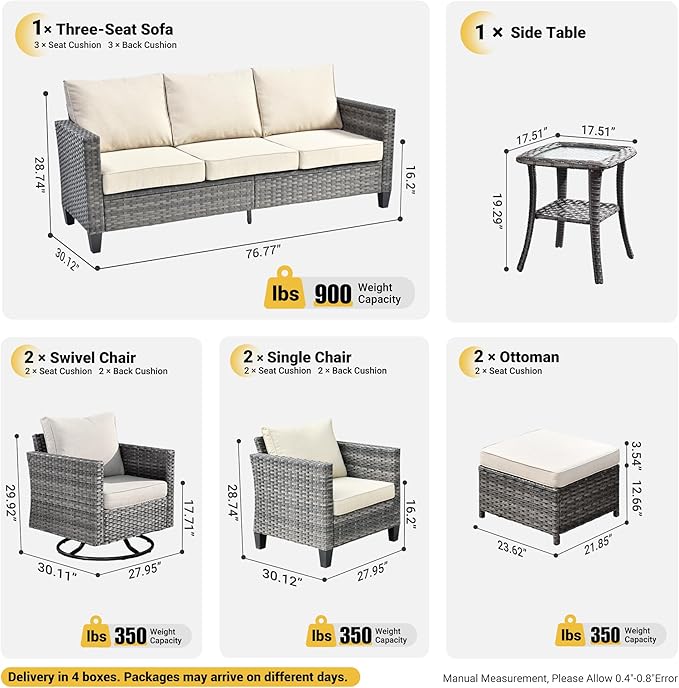 ovios 8 Pieces Patio Furniture Set, Outdoor Wicker Sofa Couch with Swivel Chairs, Rocking Glider Rocker with Comfy Cushions All Weather Rattan Conversation Set, Beige