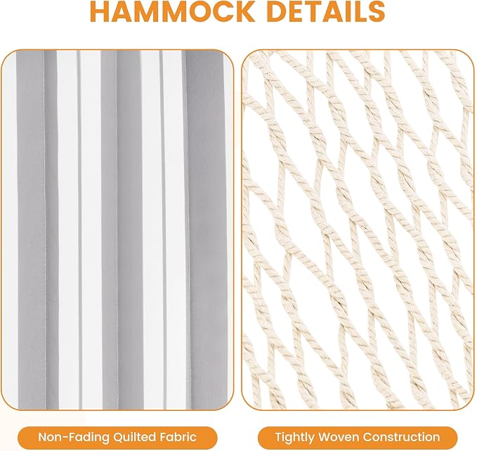Lazy Daze Hammocks Rope Hammock with Pad, Spreader Bar, Carabiners, Tree Straps, Chains for Outside Patio- Max 450 Lbs, Light Grey Stripes