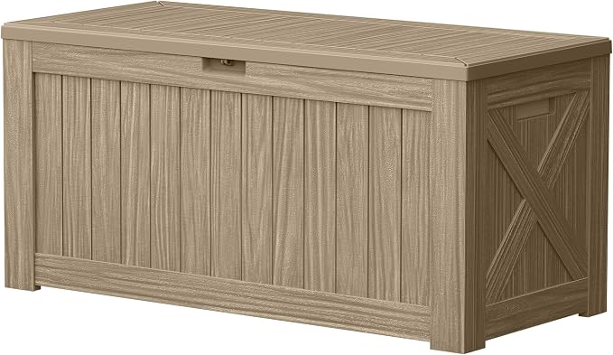 Devoko 120 Gallon Deck Box Resin Outdoor Storage Box Waterproof for Patio, Large Outdoor Storage Bench Lockable for Outside (Brown)