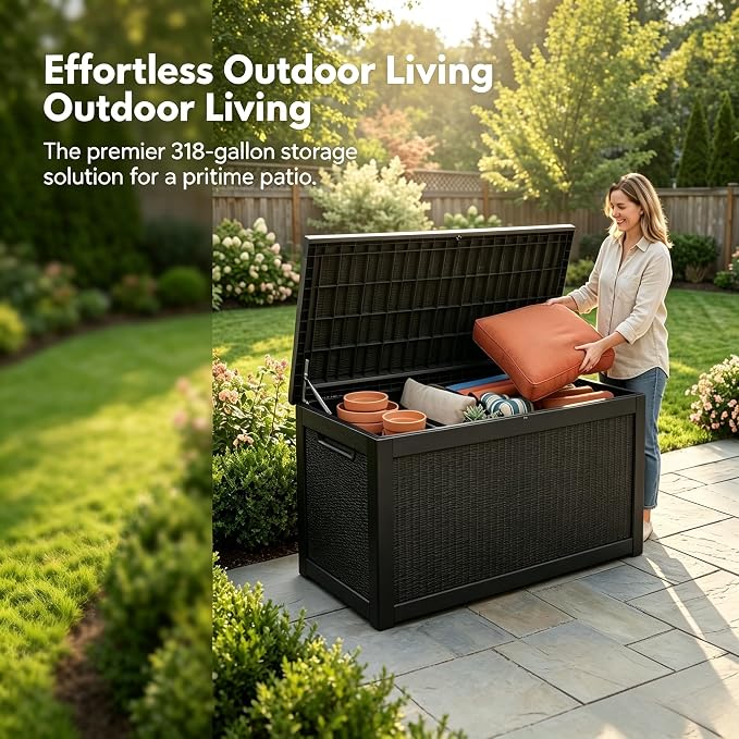 318 Gallon Large Resin Deck Box – Waterproof Outdoor Storage Chest for Patio Cushions, Garden Tools & Pool Supplies, UV-Resistant All-Weather Construction, Lockable Lid & Hydraulic Rods, Easy Assembly