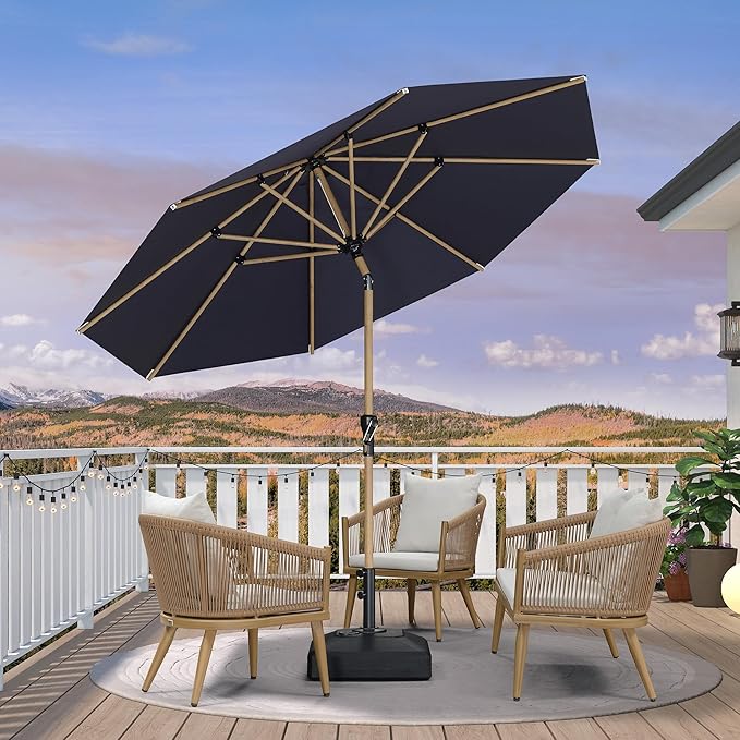 PURPLE LEAF 10 Feet Patio Umbrella with Base Outdoor Umbrella Round Market Umbrella for Table with Push Button Tilt & Crank and 8 Ribs Aluminum Pool Umbrella for Beach Patio, Navy Blue