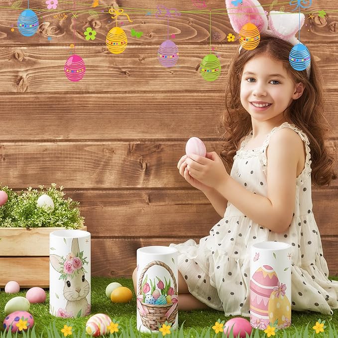 Retisee 3 Pcs Colorful Easter Flameless LED Candles Battery Operated Bunny Spring Flickering Pillar Candles with Remote Pastel Easter Decoration Centerpiece for Bedroom Living Room Dinner Table Decor