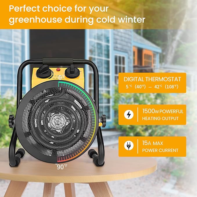 Greenhouse Heater with Digital Thermostat, Grow Tent Heaters, Overheat Protection, Fast Heating for Green House, Flower Room, Black-Yellow