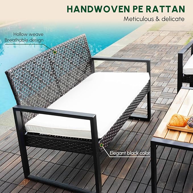 BEEFURNI Wicker Patio Furniture Outdoor Conversation Set of 4, Acacia Wood Table, 2 Rattan Chairs, Loveseat, 2” Cushions, All-Weather, Easy Assembly, 1-Year Manufacturer Warranty (Black)