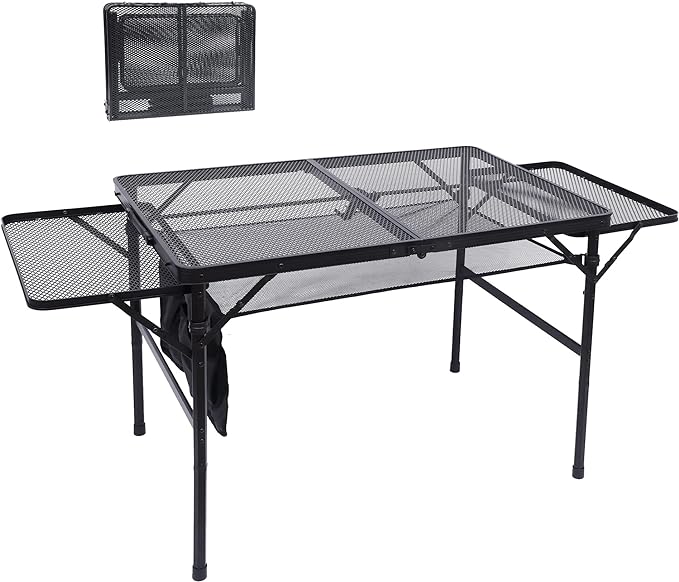 Nice C Folding Grill Table, Camping Tailgate Metal Table, 2 Tier Mesh Grill Station, with Metal Folding Adjustable Height&Width, Mesh Net, Carry Handle, for Outdoor