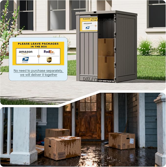 Package Delivery Box for Outside With Sign, Lockable Outdoor Storage Box Waterproof Deck Box, Large Double Wall Resin Parcel Drop Boxes, 48 Gallon, Classic Gray