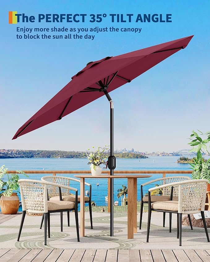 GarveeLife 9 ft Patio Umbrella, Outdoor Table Market Umbrella with Push Button Tilt and Crank, 8 Sturdy Ribs UV Protection Waterproof for Garden, Deck, Backyard, Pool (Dark Red)