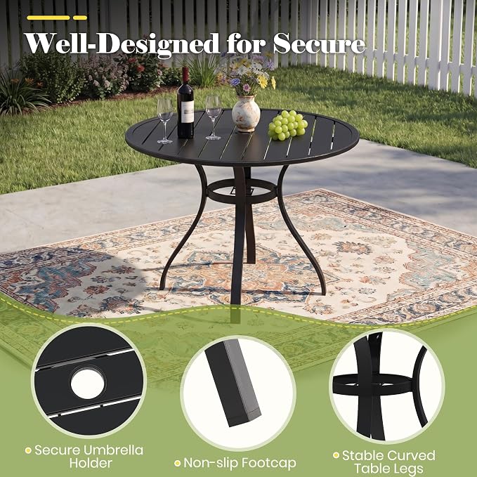 36" Outdoor Bistro Table, Round Metal Patio Table with Umbrella Hole, Rust-Resistant Steel Slat Top Coffee Table for Garden, Balcony, Deck and Backyard, Black
