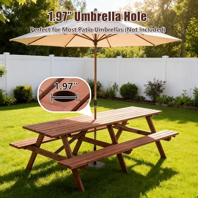 Outdoor Wooden Picnic Tables 10-12 Person with Benches for Patio Garden Backyard Large Outside Dining Table Set with Umbrella Hole