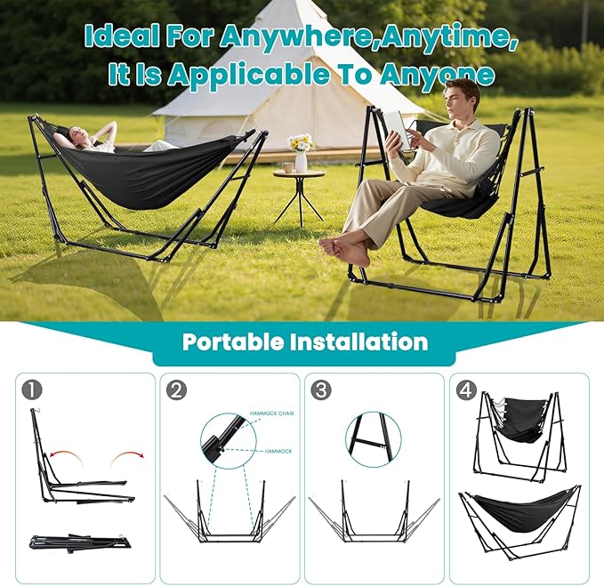 Hammock with Portable Steel Stand and Carrying Bag for Outside,Easy Set Up for Outdoor,Indoor,Backyard,Patio,Camping,Garden,Trip (Black)