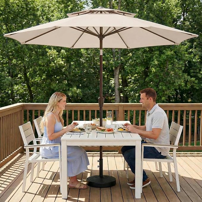 Outdoor Patio Umbrella, 2 Tiers Market Table Umbrella with 8 Sturdy Ribs, Push Button Tilt and Crank, UPF50+ UV Protection for Deck, Pool, Garden and Backyard