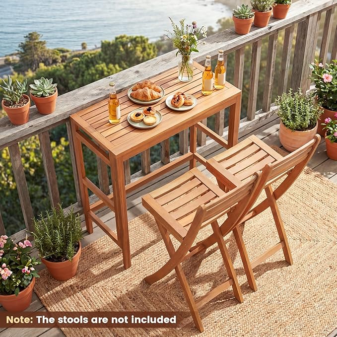 HAPPYGRILL Acacia Wood Folding Bar Table Outdoor Counter Height Patio Dining Table with Slatted Tabletop, for Outside Balcony Garden and Backyard