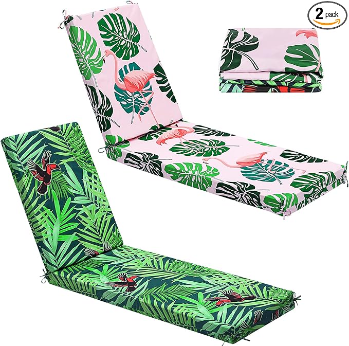 2 Pack Chaise Lounge Cushion Covers Outdoor (Not Includes Cushions) Waterproof Chair Cushion Replacement Covers 72 x 21 x 3 Inch for Patio Pool Lawn Slipcover with Ties(Tropical Rainforest)