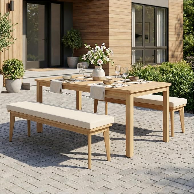 FansaFurn 3-Piece Acacia Patio Table and Chairs Set for All-Weather, Outside Furniture with Table Umbrella Hole and Removable Cushion, Patio Furniture Set with Outdoor Bench for Garden Lawn, Beige