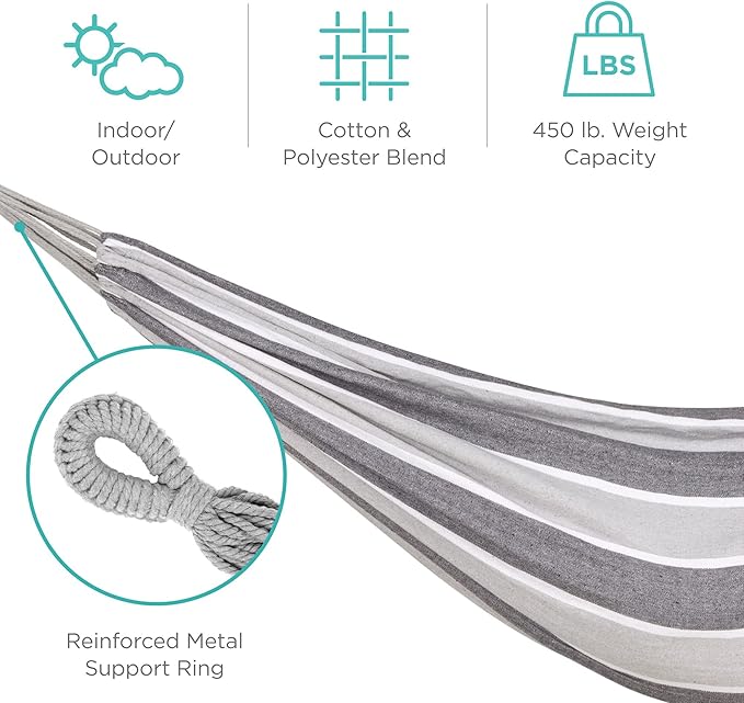 2-Person Cotton Double Hammock Bed with Portable Carrying Bag, Lightweight Hammocks for Backpacking, Travel, Beach, Backyard, Patio, Hiking (Steel)