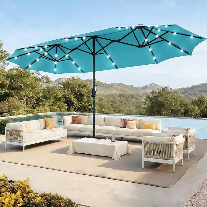 13Ft Large Patio Umbrella with Solar Lights Outdoor Double-Sided Market Table Umbrella Easy Crank for Yard, Poolside, Deck-Blue