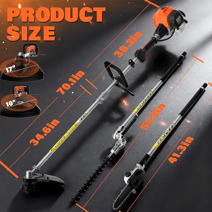 MAXLANDER 26cc Gas Weed Wacker, 4-in-1 Multi Garden Tools, String Trimmer 17", Pole Saw 8", Hedge Trimmer 16", and Brush Cutter Blade 10", with Rubber Handle & Shoulder Strap Included for Yard Care