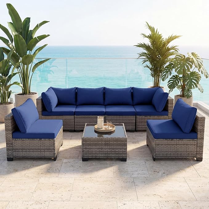7 Pieces Outdoor Wicker Patio Furniture Sectional Set, Patio Conversation Set with Cushions & Coffee Table, All Weather PE Rattan Patio Sofa with Tea Table for Backyard Porch Garden (Navy-blue)