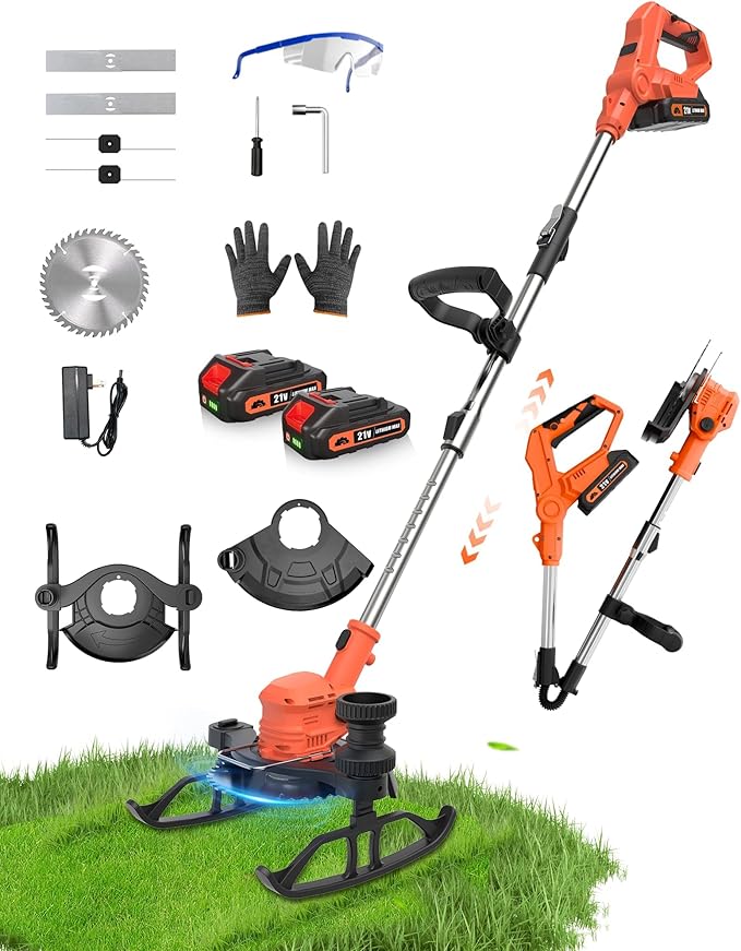 21V Cordless Weed Wacker Battery Powered, 2-in-1 Electric Brush Cutter & String Trimmer - Foldable Grass Edger with Circular & Square Blades for Lawn Garden Yard Maintenance,Red