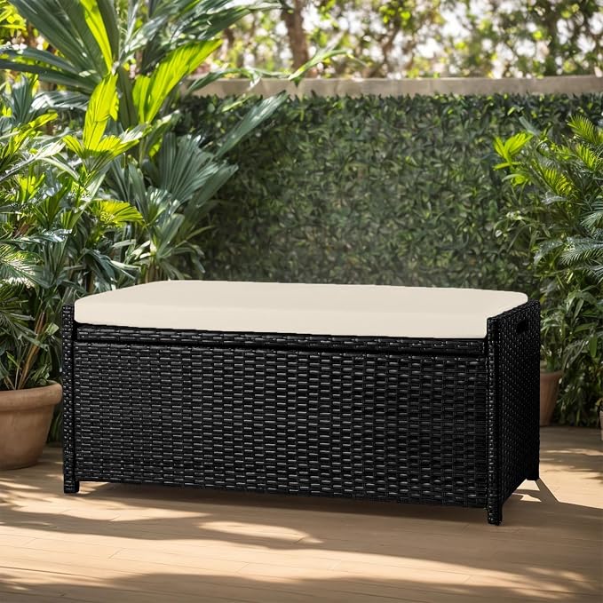 PROHIKER 2-in-1 Wicker Deck Box Bench, All-Weather 55 Gallon Outdoor Storage Box with Cushions and Waterproof Bag, Rattan Storage Bench for Pool Tools, Outdoor Equipments and Garden Tools, Black/Beige