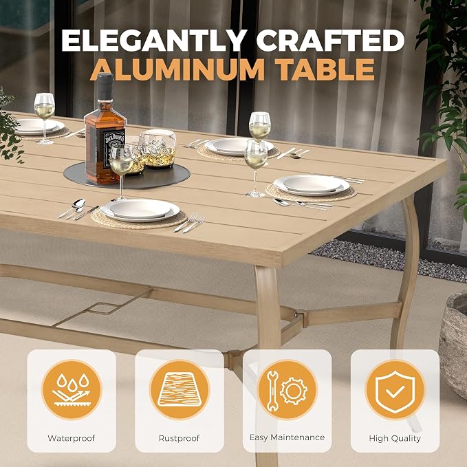 HAPPATIO Outdoor Dining Table for 6, Aluminum Rectangle Outdoor Dining Table with Umbrella Hole, All-Weather Aluminum Patio Dining Table for Garden Yard Poolside, Only Table, Beige