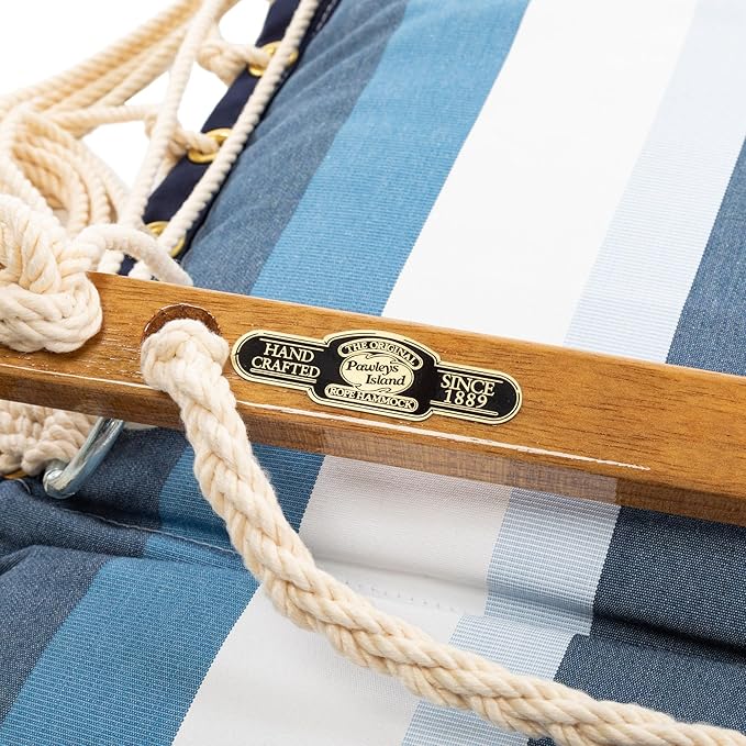 Original Pawleys Island Sunbrella Cushioned Single Swing – Gateway Coast, Oak Spreader Bar, 350 lb Capacity, 24 in. x 24 in., Handcrafted in The USA