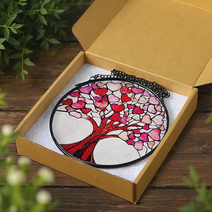 Stained Glass Window Hanging - 8 Inch Love Heart Tree Suncatcher, Sun Catchers Indoor Window | Valentine’s Day, Mother's Day, Christmas, Anniversary, Birthday Gifts for Lover, Wife, Girlfriend, Mom