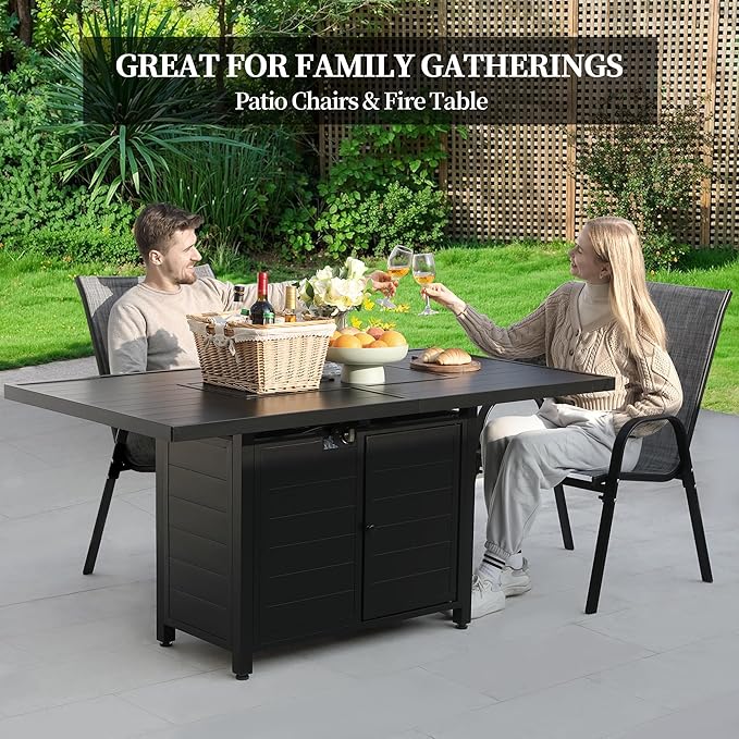 PIZZELLO 7 Pieces Patio Furniture Set w/ 60" Gas Fire Pit Table and 6 Patio Dining Chairs, Outdoor Conversation Set 50,000 BTU Aluminum Propane Fire Pit Stackable Patio Chairs Set of 6 for Backyard