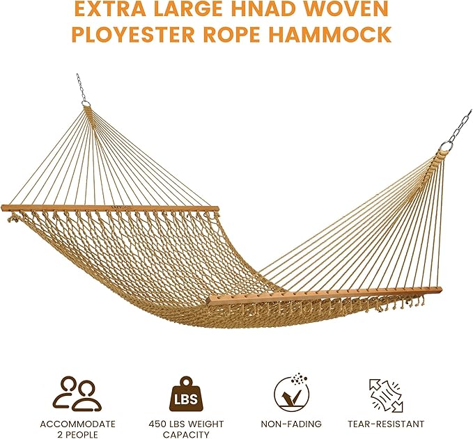 Lazy Daze Hammocks 13-FT Polyester Rope Hammock, Double 2 Person Traditional Hand Woven Outdoor Hammock with Spreader Bar, Carabiners, Tree Straps, Chains for Outside Patio- Max 450 Lbs, Tan