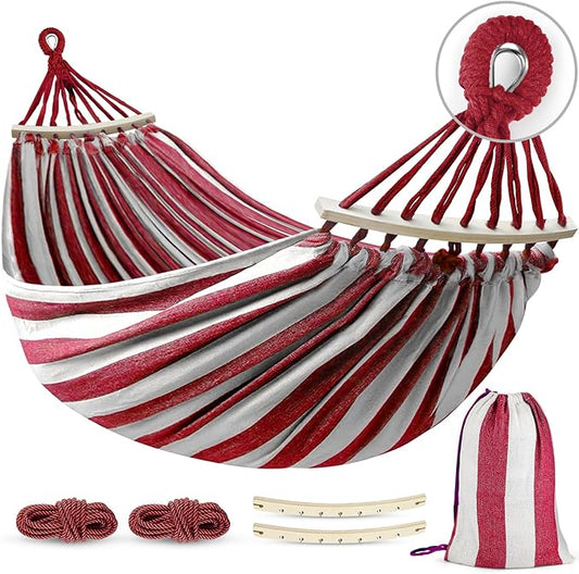 MOSFiATA Hammocks Portable Camping Hammock Upgraded 550lb Thickened Fabric Single Hammocks with Two Anti Roll Balance Beam and Tree Straps for Camping, Patio, Backyard, Outdoor(Red White)