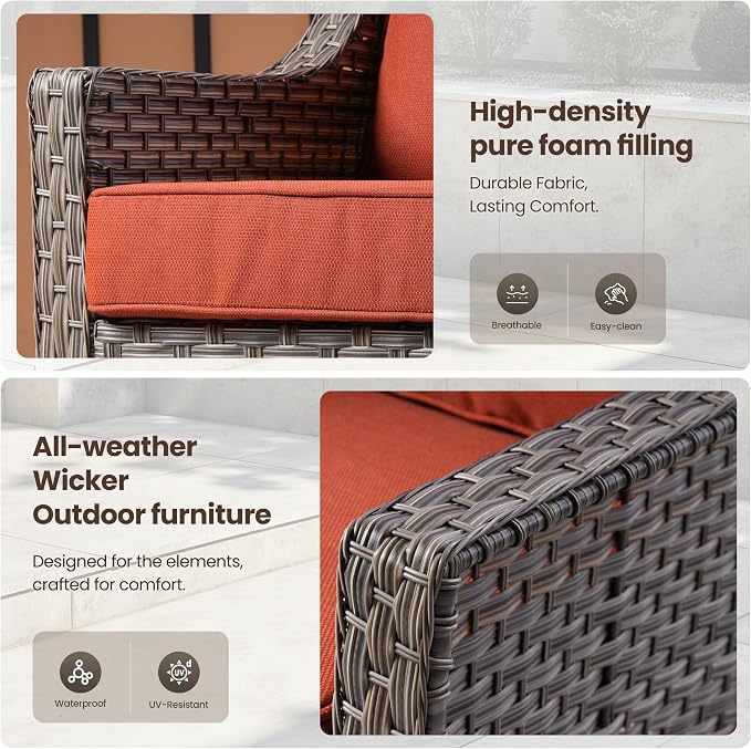 4 Piece Outdoor Patio Furniture Set, All Weather Waterproof Wicker High Back Conversation Set, Two Single Chairs, Solar Light Coffee Table, Outside Furniture for Porch Balcony, Orange